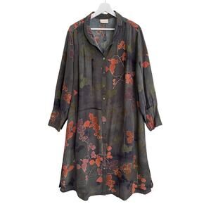Poetry Dress 100% Silk Floral Button Front Long Sleeve Shirtdress 49" Bust